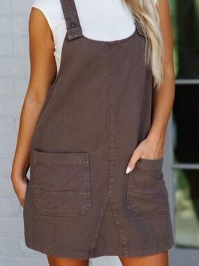 These Three Boutique Women's Brown Denim Pinafore Overalls Dress NWT